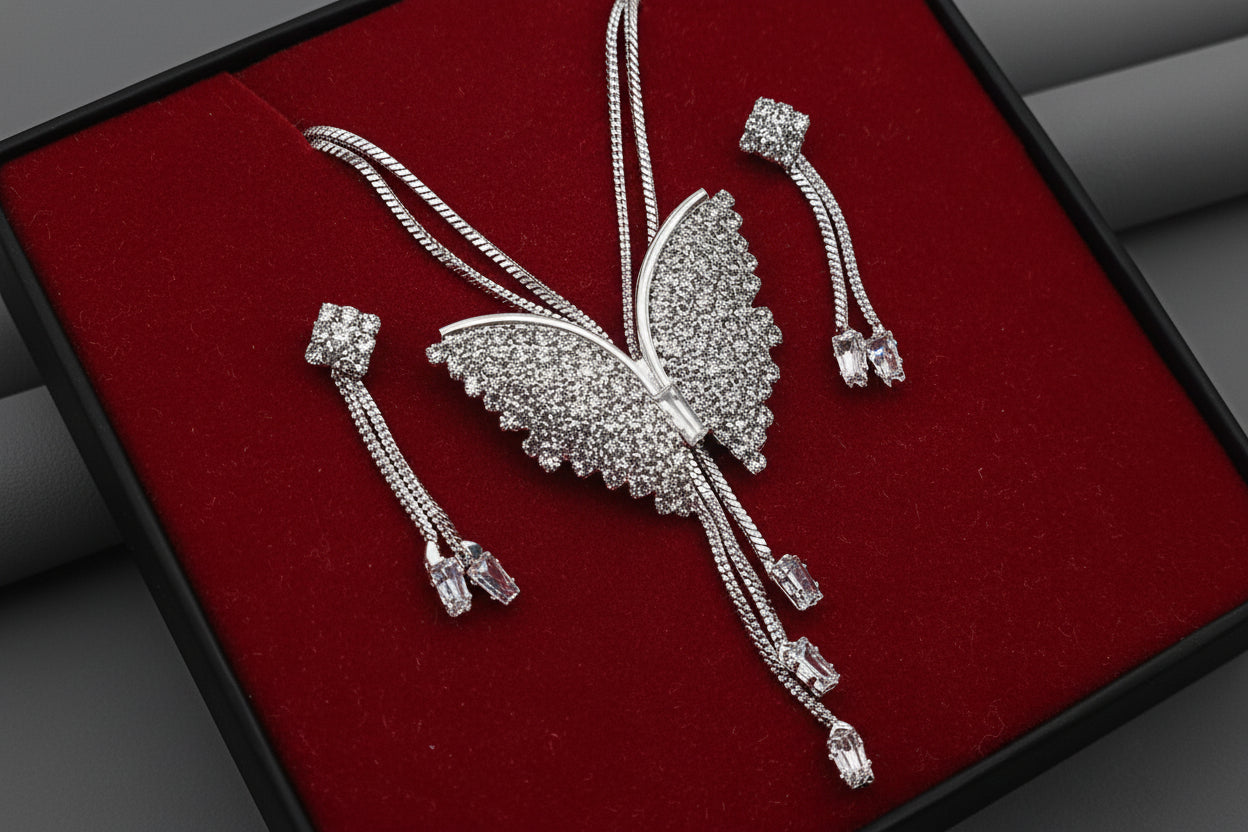 Butterfly Pendant Necklace with Earrings