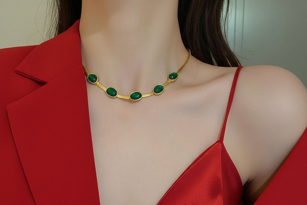 Oval Green Crystal Pendant Necklace Set With Bracelet