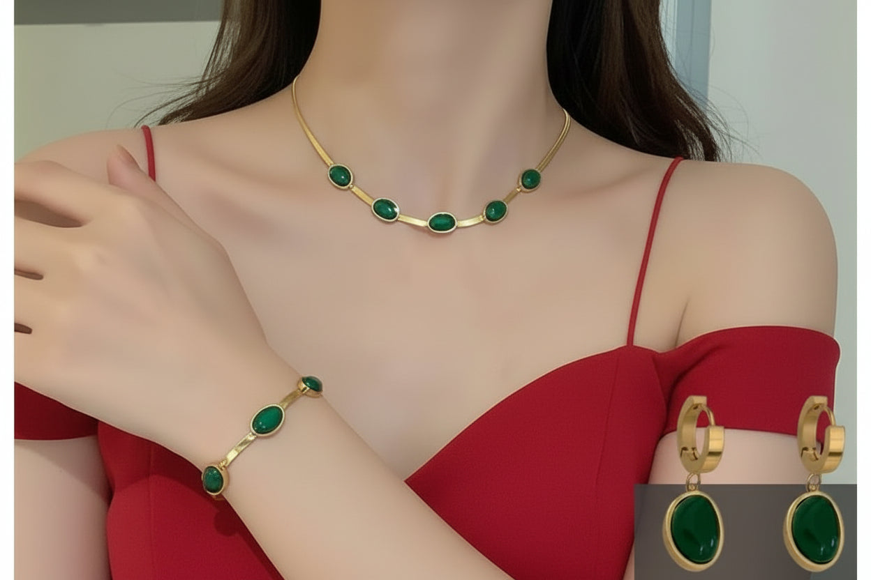 Oval Green Crystal Pendant Necklace Set With Bracelet