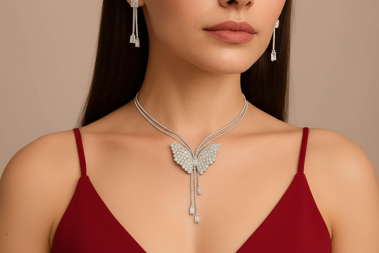 Butterfly Pendant Necklace with Earrings