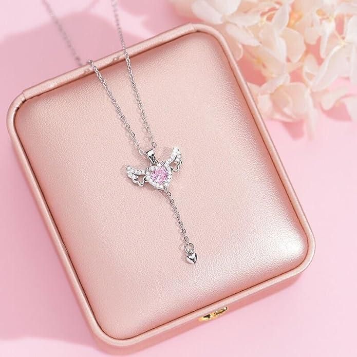 Silver Plated Chain With Heart Angel Wings Pendant